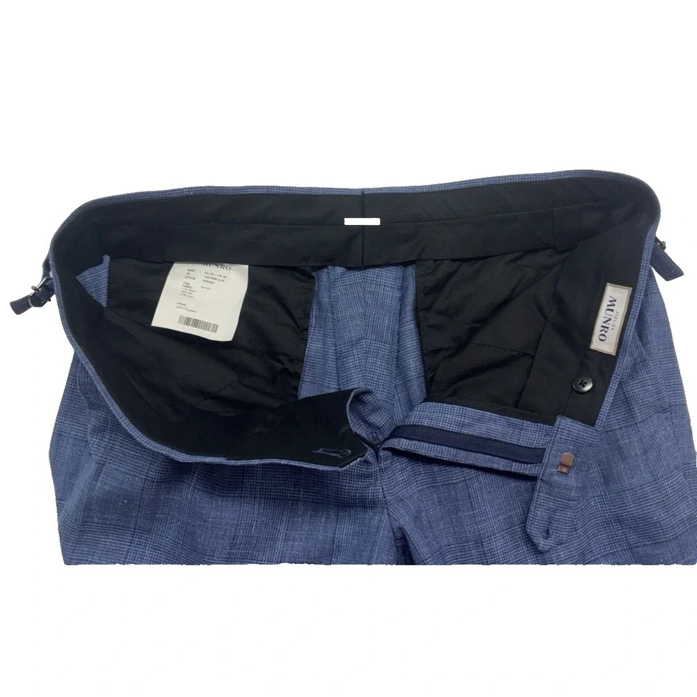 Atelier Munro Custom 38 Navy Blue Chambray Plaid Wool Silk Linen Pants Trousers